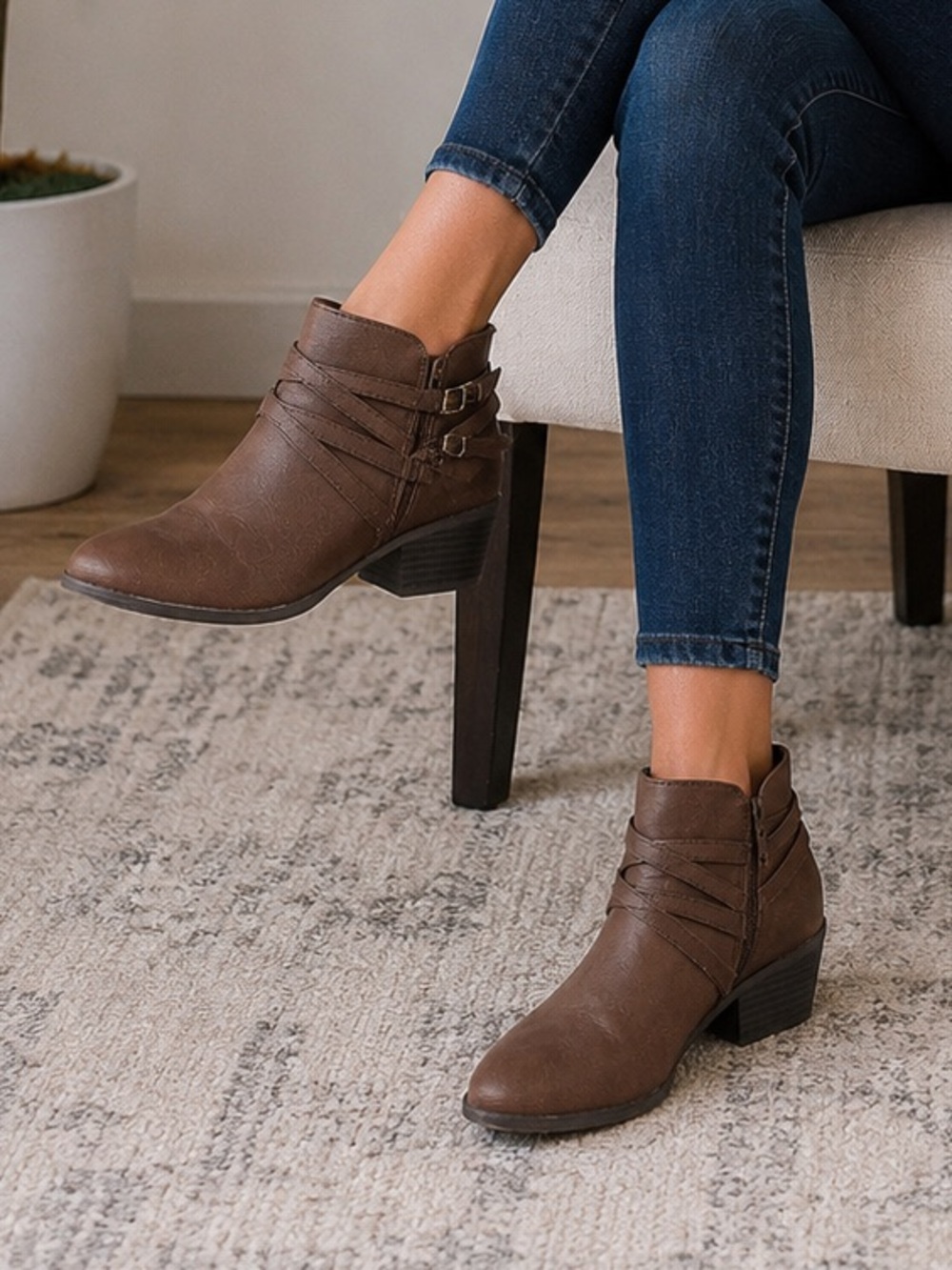 Women's Brown Faux-Leather Ankle Booties with Buckle Detail
